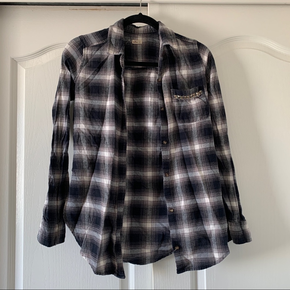 HOLLISTER Gray White Plaid Flannel Button Down Top